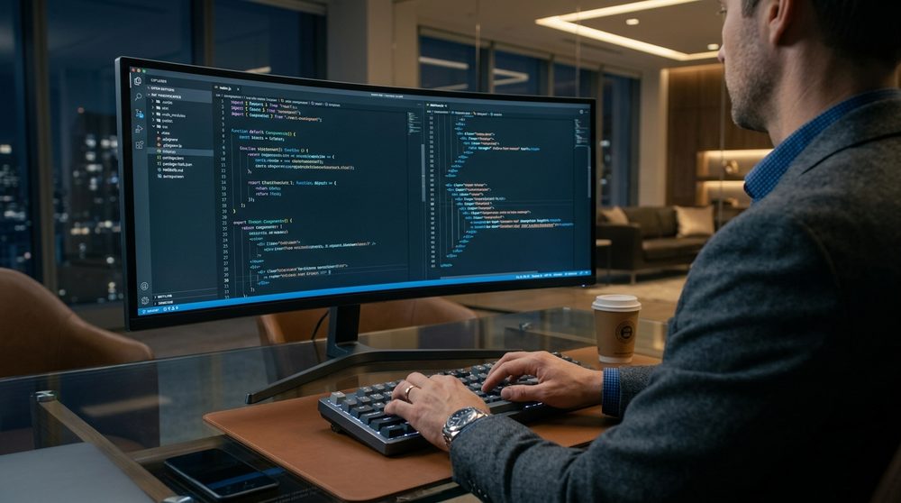 Developer writing code on a wide monitor